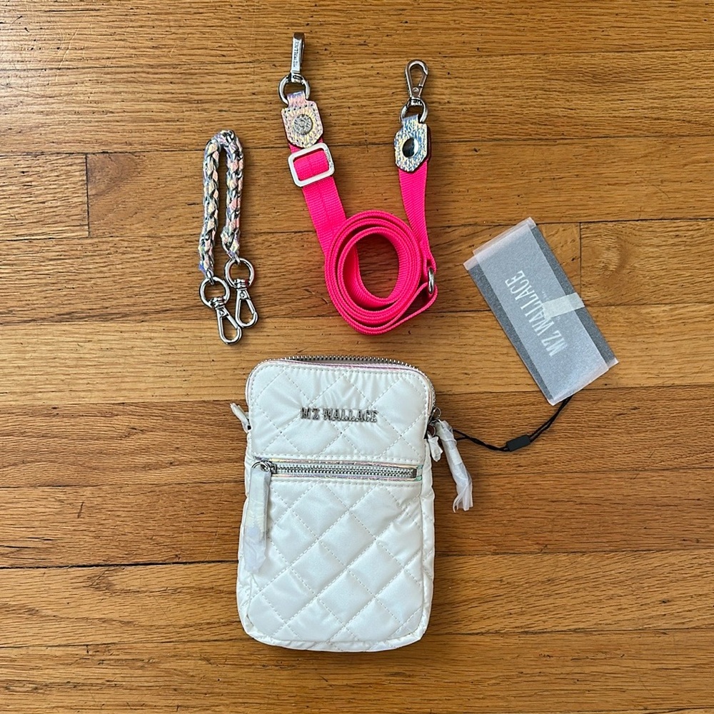 MZ Wallace White Quilted Crossbody Phone Bag with Hot Pink Strap